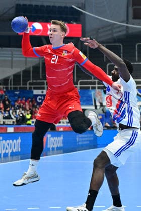 L-R Dusan Palat (CZE) and Karl Konan (FRA) in action during the World Handball Championship qualification playoff men s match: Czechia vs France in Brno, Czech Republic, May 13, 2026. (CTKxPhoto VaclavxSalek) CTKPhotoP2026051309084  CTKPhotoP2026051309084