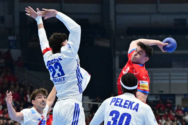 L-R Thibaud Briet, Ludovic Fabregas, Wallem-Konrad Peleka (all FRA) and Matej Klima (CZE) in action during the World Handball Championship qualification playoff men s match: Czechia vs France in Brno, Czech Republic, May 13, 2026. (CTKxPhoto VaclavxSalek) CTKPhotoP2026051309117  CTKPhotoP2026051309117