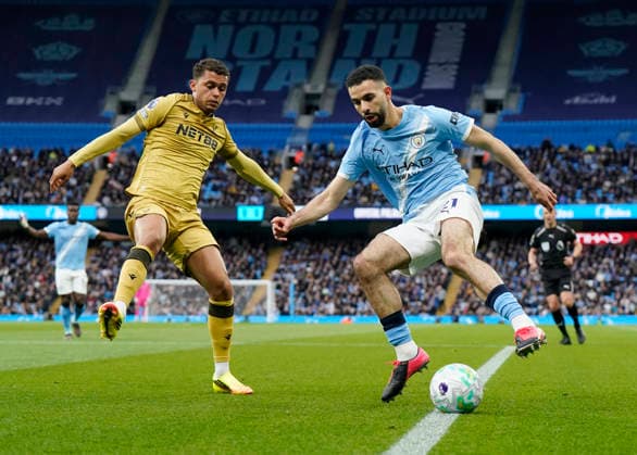 Manchester, England, 13th May 2026. Rayan Alt-Nouri of Manchester City (r) and Brennan Johnson of Crystal Palace (l) during the Manchester City vs Crystal Palace Premier League match at the Etihad Stadium, Manchester. Picture credit should read: Andrew Yates Sportimage EDITORIAL USE ONLY. No use with unauthorised audio, video, data, fixture lists, club league logos or live services. Online in-match use limited to 120 images, no video emulation. No use in betting, games or single club league player publications. SPI_020_AY_Man_City_Palace SPI-4799-0020