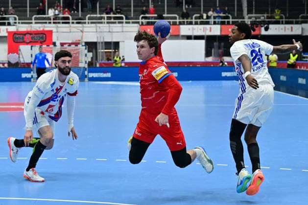 L-R Ludovic Fabregas (FRA), Jonas Josef (CZE) and Benoit Kounkoud (FRA) in action during the World Handball Championship qualification playoff men s match: Czechia vs France in Brno, Czech Republic, May 13, 2026. (CTKxPhoto VaclavxSalek) CTKPhotoP2026051309473  CTKPhotoP2026051309473