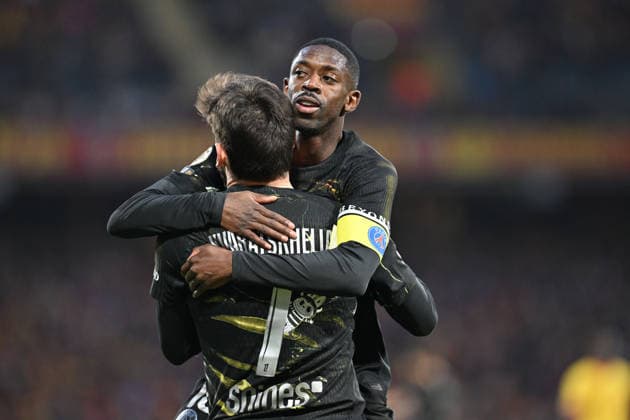 260513 RC Lens vs PSG Khvicha Kvaratskhelia (7) of PSG celebrates with Ousmane Dembele (10) of PSG after scoring the 0-1 goal during the French Mc Donalds Ligue 1 season 2025 - 2026 matchday 29 game between Racing Club De Lens and Paris Saint-Germain on May 13 , 2026 in Lens, France. (Photo by David Catry Isosport) Lens France  Copyright: xDavidxCatryx 20260513DC2_3366