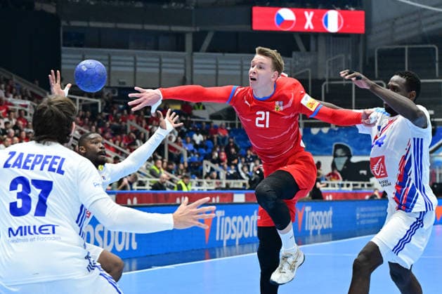 L-R Aymeric Zaepfel (FRA), Dylan Nahi (FRA), Dusan Palat (CZE) and Karl Konan (FRA) in action during the World Handball Championship qualification playoff men s match: Czechia vs France in Brno, Czech Republic, May 13, 2026. (CTKxPhoto VaclavxSalek) CTKPhotoP2026051309580  CTKPhotoP2026051309580