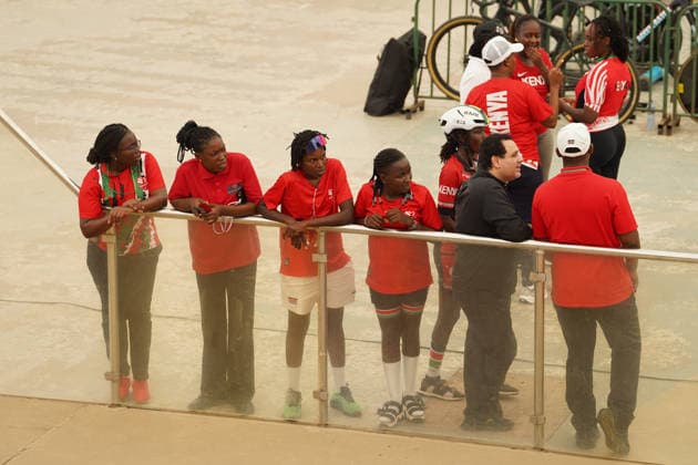 CAC Cycling Track African Championships in Abuja, Nigeria Kenyan team members look on during the 12th CAC Track African Championships at the Moshood Abiola National Stadium Velodrome in Abuja, Nigeria, May 13, 2026. The five-day continental championship runs through May 17 and features riders from eight African nations. Abuja Nigeria  Copyright: xMatrixxImages MarvellousxDurowaix
