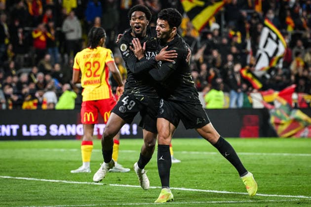 May 13, 2026, Lens, France, France: Ibrahim MBAYE of PSG celebrate his goal with Goncalo RAMOS of PSG during the Ligue 1 match between RC Lens and Paris Saint-Germain (PSG) at Bollaert-Delelis Stadium on May 13, 2026 in Lens, France. Lens France - ZUMAm308 20260513_zsp_m308_013 Copyright: xMatthieuxMirvillex