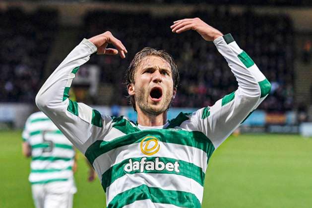 Motherwell v Celtic William Hill Premiership Benjamin Nygren of Celtic celebrates his goal during the William Hill Premiership match at Fir Park, Motherwell 13 05 2026 UK Newspapers OUT Copyright: xJamiexJohnstonx FIL-23427-0098