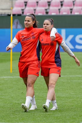 13 05 2026, xgrfx, Football DFB Cup Final, FC Bayern Munich Press Conference and Final Training v l Lena Oberdorf, Sarah Zadrazil FC Bayern Munich DFL DFB REGULATIONS PROHIBIT ANY USE OF PHOTOGRAPHS as IMAGE SEQUENCES and or QUASI VIDEO Cologne
