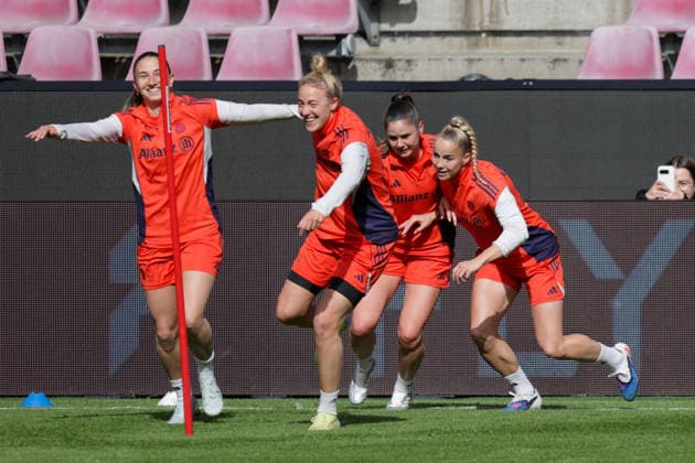 13 05 2026, xgrfx, Football DFB Cup Final, FC Bayern Munich Press Conference and Final Training f l Katharina Naschenweng, Carolin Simon, Sarah Zadrazil, Giulia Gwinn FC Bayern Munich DFL DFB REGULATIONS PROHIBIT ANY USE OF PHOTOGRAPHS as IMAGE SEQUENCES and or QUASI VIDEO Cologne