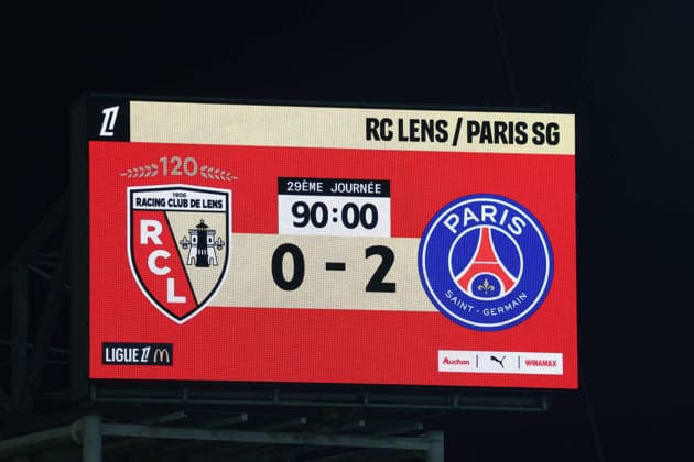 FOOTBALL : RC Lens vs Paris Saint-Germain - Ligue 1 J29 - 13 05 2026 Score final lors du match RC Lens vs Paris Saint-Germain, Ligue 1 J29, stade Bollaert-Delelis, le 13 mai 2026 - photo Laurent Sanson PsnewZ  Copyright: xLaurentxSANSONx xPsnewZx