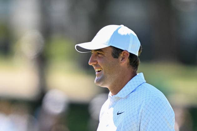 NEWTON SQUARE, PA - MAY 12: Scottie Scheffler of United States of America reacts during the 2026 PGA, Golf Herren Championship on May 12th, 2026 at Aronimink Golf Club in Newtown Square, PA.(Photo by Terence Lewis Icon Sportswire) GOLF: MAY 12 PGA PGA Championship EDITORIAL USE ONLY Icon260512099