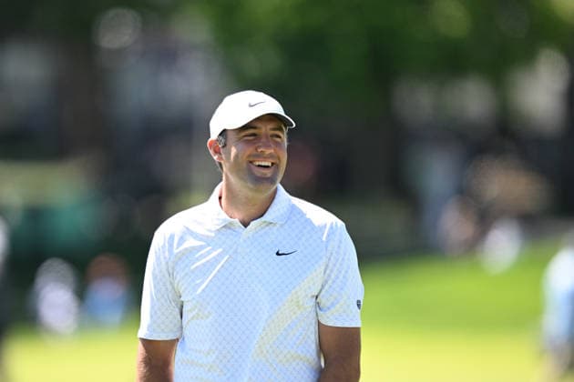 NEWTON SQUARE, PA - MAY 12: Scottie Scheffler of United States of America reacts during the 2026 PGA, Golf Herren Championship on May 12th, 2026 at Aronimink Golf Club in Newtown Square, PA.(Photo by Terence Lewis Icon Sportswire) GOLF: MAY 12 PGA PGA Championship EDITORIAL USE ONLY Icon260512100
