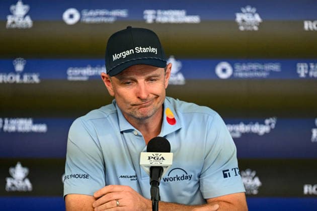 NEWTON SQUARE, PA - MAY 12: Justin Rose of England is shown speaking with the media during the 2026 PGA, Golf Herren Championship on May 12th, 2026 at Aronimink Golf Club in Newtown Square, PA.(Photo by Terence Lewis Icon Sportswire) GOLF: MAY 12 PGA PGA Championship EDITORIAL USE ONLY Icon260512126
