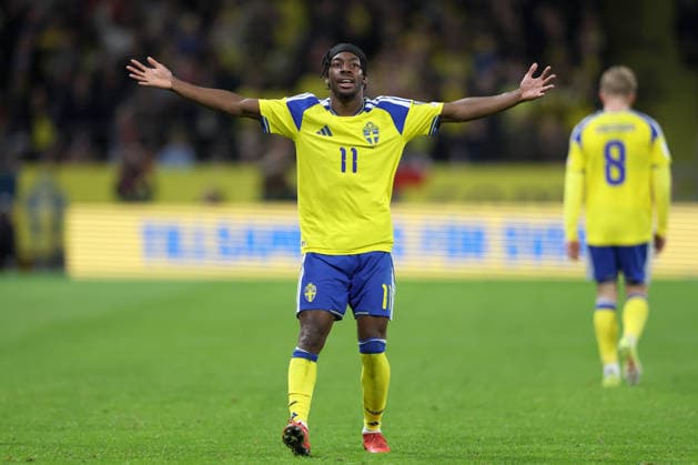 ANTHONY ELANGA, Svezia, Qualificazioni Mondiali 2026, World Cup Qualifying, Sweden-Poland 3-2, Esultanza, Celebration, Jubel QUALIFICAZIONI MONDIALI 2026 SVEZIA-POLONIA 3-2