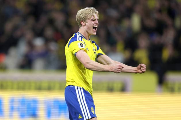 LUCAS BERGVALL, Svezia, Qualificazioni Mondiali 2026, World Cup Qualifying, Sweden-Poland 3-2, Esultanza, Celebration, Jubel, Close up QUALIFICAZIONI MONDIALI 2026 SVEZIA-POLONIA 3-2
