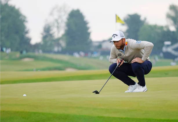 Sam Burns lines up a putt on the 10th hole during the first round of the 2026 PGA, Golf Herren Championship at Aronimink Golf Club in Newtown Square, Pennsylvania, on Thursday, May 14, 2026.  PHI20260514810 LAURENCExKESTERSON