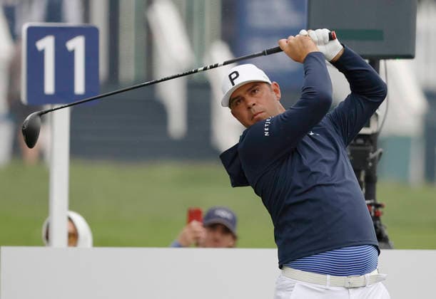 Gary Woodland tees off on the 11th hole during the first round of the 2026 PGA, Golf Herren Championship at Aronimink Golf Club in Newtown Square, Pennsylvania, on Thursday, May 14, 2026.  PHI20260514811 LAURENCExKESTERSON