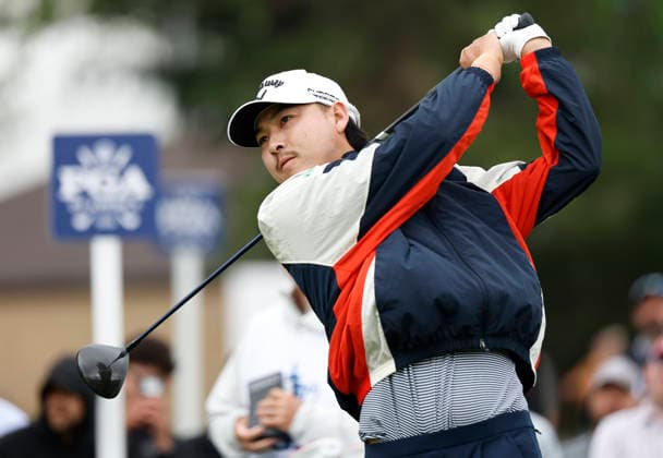 Min Woo Lee of Australia watches his tee shot on the 11th hole during the first round of the 2026 PGA, Golf Herren Championship at Aronimink Golf Club in Newtown Square, Pennsylvania, on Thursday, May 14, 2026.  PHI20260514815 LAURENCExKESTERSON