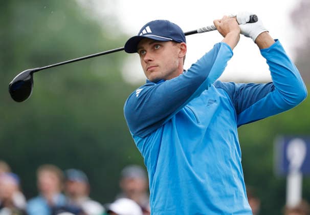 Ludvig Aberg of Sweden watches his tee shot on the 11th hole during the first round of the 2026 PGA, Golf Herren Championship at Aronimink Golf Club in Newtown Square, Pennsylvania, on Thursday, May 14, 2026.  PHI20260514820 LAURENCExKESTERSON