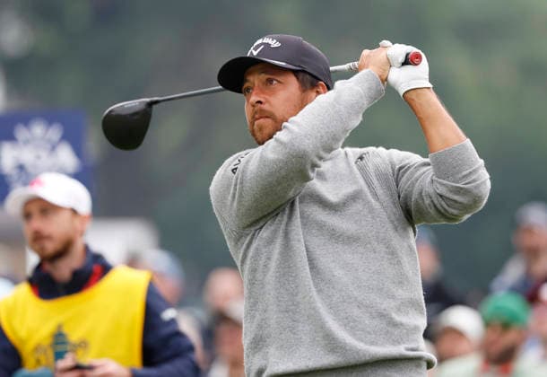Xander Schauffele watches his tee shot on the 11th hole during the first round of the 2026 PGA, Golf Herren Championship at Aronimink Golf Club in Newtown Square, Pennsylvania, on Thursday, May 14, 2026.  PHI20260514823 LAURENCExKESTERSON