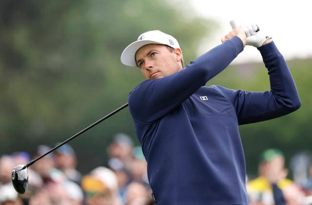 Jordan Spieth tees off on the 11th hole during the first round of the 2026 PGA, Golf Herren Championship at Aronimink Golf Club in Newtown Square, Pennsylvania, on Thursday, May 14, 2026.  PHI20260514828 LAURENCExKESTERSON