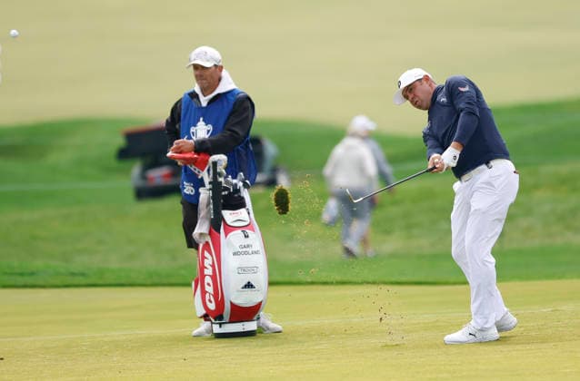Gary Woodland hits an approach shot to the green on the 16th fairway during the first round of the 2026 PGA, Golf Herren Championship at Aronimink Golf Club in Newtown Square, Pennsylvania, on Thursday, May 14, 2026.  PHI20260514838 LAURENCExKESTERSON