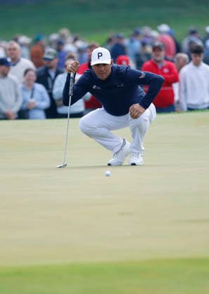 Gary Woodland lines up a putt on the 16th hole during the first round of the 2026 PGA, Golf Herren Championship at Aronimink Golf Club in Newtown Square, Pennsylvania, on Thursday, May 14, 2026.  PHI20260514841 LAURENCExKESTERSON