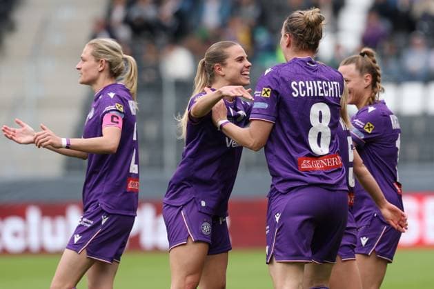 14.MAY.2026 - SOCCER - 2025-2026 ÖFB WOMEN S CUP 50.FINAL, FC Red Bull Salzburg vs FK Austria Wien Louise Schoeffel (Austria Wien) and Katharina Schiechtl (Austria Wien) celebrates his team s first goal VIENNA VIENNA, AUSTRIA – Wiener Club-Stadion Wiener-Sport-Club-Stadion,Alszeile 19, 1170 Wien AUSTRIA