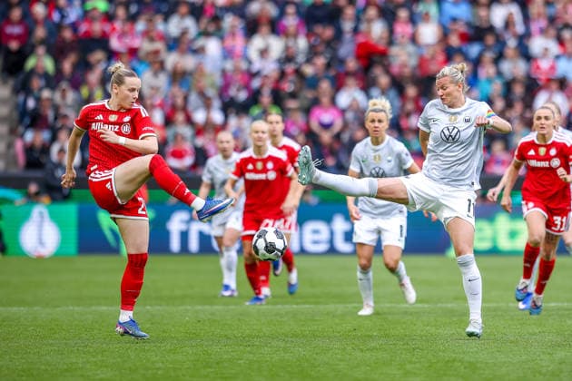 2026 05 14, xkwix, Football, Final DFB Cup Women, VfL Wolfsburg FC Bayern Munich, Season 2025 2026, Rhein Energie Stadium in Cologne Alexandra Popp VfL Wolfsburg Women 11 in a duel against Franziska Kett FC Bayern Munich Women 20 DFB regulations prohibit any use of photographs as image sequences and or quasi video Photo xKamilxWilkowskixPressefotoKochx Nordrhein Westfalen Germany