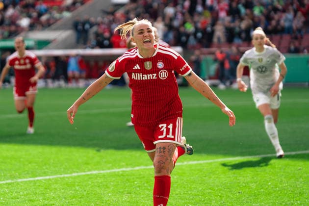 Cologne, Germany 14th May 2026: Georgia Stanway of FC Bayern München scoring during the DFB Pokal Final between VfL Wolfsburg and FC Bayern München at RheinEnergieStadion on May 14th, 2026 in Cologne, Germany (Leonie Kiehl SPP) Copyright: xLeoniexKiehlx xSPPx Sportspressphoto_SPR146206