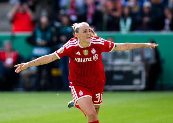 Koeln, RheinEnergieStadion, 14 05 2026 Georgia Stanway of Muenchen celebrates scoring the 1 0 goal during the DFB cup final VFL Wolfsburg v FC Bayern Muenchen