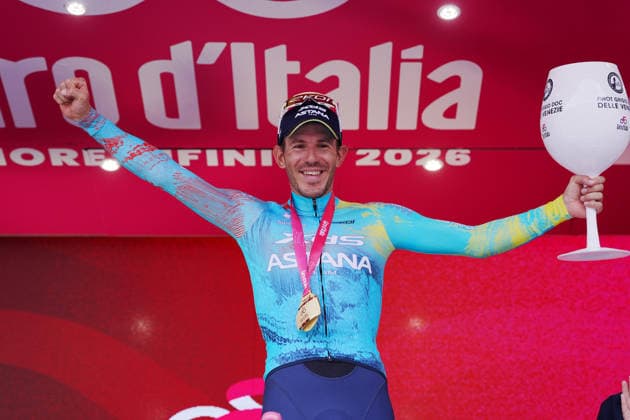 Italy™s Davide Ballerini of XDS Astana Team stage winner celebrate on the podium after the during Stage 6 of the Giro d™Italia, from Paestum to Naples, Italy, Thursday, May 14, 2026.  Copyright: xMassimoxPaolone LaPressex