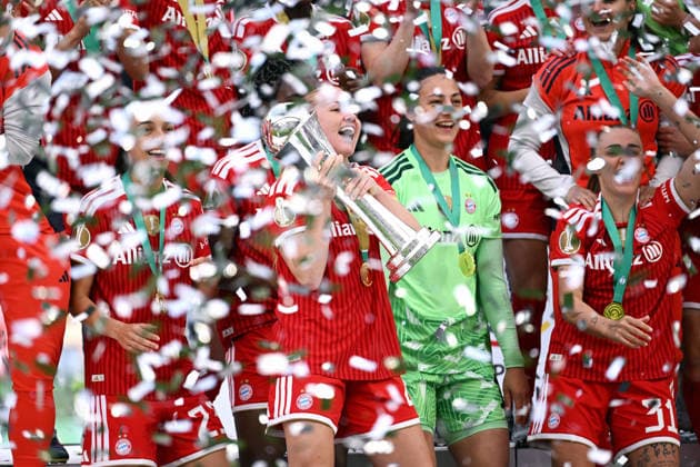 Football, Germany, Women, Season 2025 2026, DFB Cup Final, Rhein Energie Stadium Cologne, VfL Wolfsburg FC Bayern Munich 0 4 Jubel FC Bayern with Cup Jubel, joy, action
