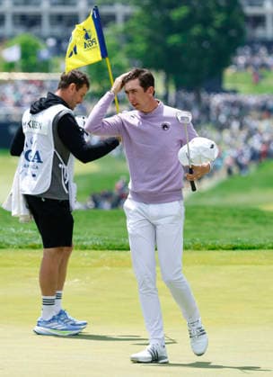 Stephan Jaeger of Germany walks off the 18th green after finishing at 3-under-par during the first round of the 2026 PGA, Golf Herren Championship at Aronimink Golf Club in Newtown Square, Pennsylvania, on Thursday, May 14, 2026.  PHI20260514880 LAURENCExKESTERSON