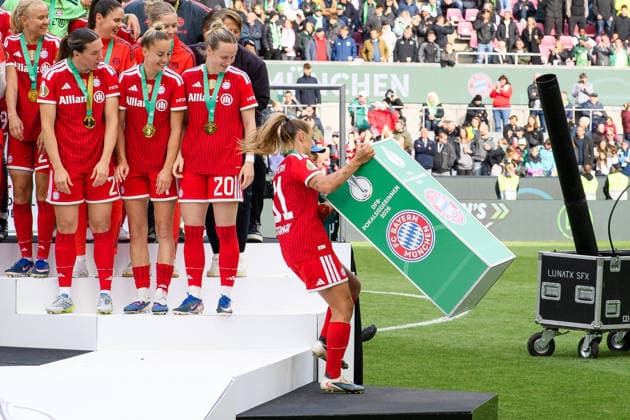 COLOGNE, GERMANY - 14 MAY, 2026: Georgia Stanway and cups podium - The DFB-Pokal Frauen (Germany Women Cup) match Vfl Wolfsburg vs FC Bayern Munich at Rhein Energie Stadion  Copyright: xx
