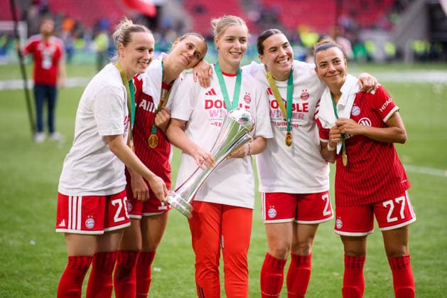 COLOGNE, GERMANY - 14 MAY, 2026: Franziska Kett, Klara Buehl, Vanessa Gilles, Arianna Caruso - The DFB-Pokal Frauen (Germany Women Cup) match Vfl Wolfsburg vs FC Bayern Munich at Rhein Energie Stadion  Copyright: xx