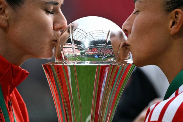Football, Germany, Women, Season 2025 2026, DFB Cup Final, Rhein Energie Stadium Cologne, VfL Wolfsburg FC Bayern Munich 0 4 Jubel FC Bayern with Cup Jubel, joy, action