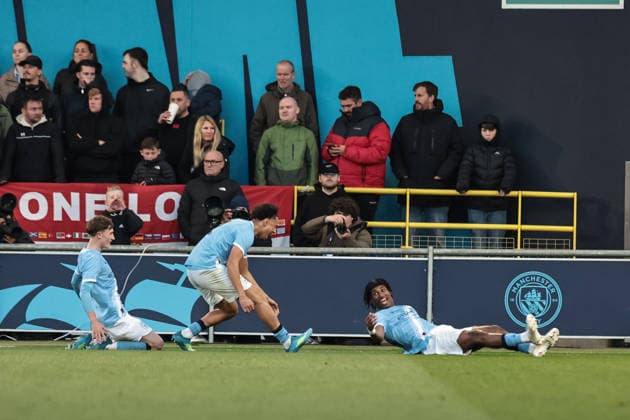 FA Youth Cup Final: Manchester City U18 v Manchester United, ManU U18 Reigan Heskey of Manchester City U18 s celebrates his goal to make it 2-1 during the FA Youth Cup Final match Manchester City U18 vs Manchester United U18 at Joie Stadium, Manchester, United Kingdom on 14 May 2026 (Photo by Mark Cosgrove News Images) Manchester Joie Stadium Greater Manchester United Kingdom Copyright: xMarkxCosgrove NewsxImagesx
