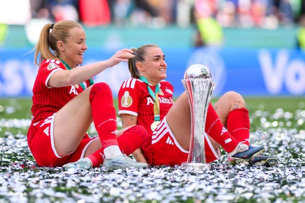 COLOGNE, GERMANY - 14 MAY, 2026: Glodis Viggosdottir, Georgia Stanway - The DFB-Pokal Frauen (Germany Women Cup) match Vfl Wolfsburg vs FC Bayern Munich at Rhein Energie Stadion  Copyright: xx