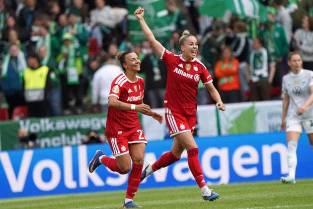 Womens soccer, DFB Cup season 2025 2026, Womens DFB Cup final VfL Wolfsburg vs FC Bayern Munich, 14 05 2026, Rheinenergiestadion Cologne Giulia Gwinn FC Bayern Munich action single image
