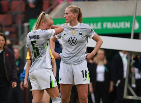 Ella Peddemors Wolfsburg and Camilla Küver Wolfsburg after the defeat, Womens DFB Cup Final, VfL Wolfsburg vs FC Bayern Munich, Cologne, Germany, 14 05 2026