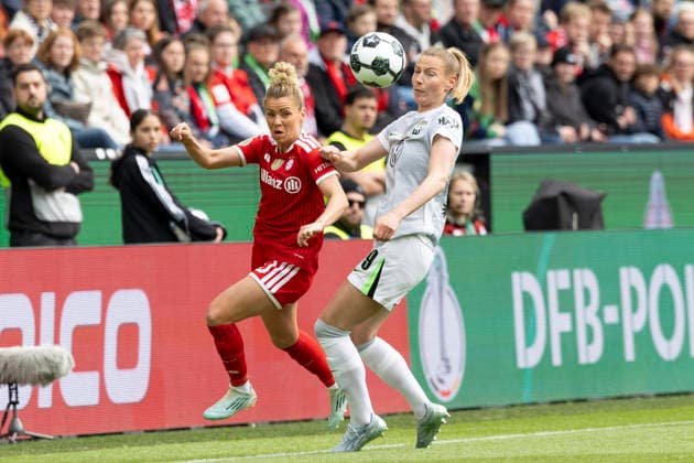 Linda DALLMANN M 10, left and Sarai LINDER WOB 39, right in a header duel, in a duel for the ball, action DFB Pokal der Frauen Finale 2026, VfL Wolfsburg WOB FC Bayern Muenchen M , final score 0 4, am 14 05 2026 in Koeln Germany DFB regulations prohibit any use of photographs as image sequences and or quasi video Â