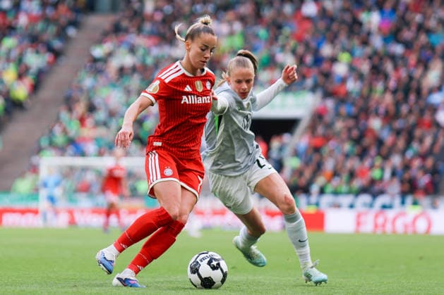DFB Cup 46 Womens Final, VfL Wolfsburg FC Bayern Munich, 14 05 2026 Giulia Gwinn FC Bayern Munich, 7 in duel with Vivien Endemann VfL Wolfsburg, 25 DFB Cup 46 Womens Final, VfL Wolfsburg FC Bayern Munich Cologne, RheinEnergieSTADION 14 05 2025 Copyright: xBEAUTIFULxSPORTS Freisenx