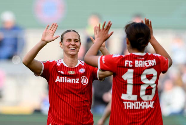 Celebration Klara BUEHL Bühl M with Momoko TANIKAWA r M after her goal to 0 3 DFB Pokal der Frauen Finale 2026, VfL Wolfsburg WOB FC Bayern Muenchen M 0 4, am 14 05 2026 in Koeln Germany DFB regulations prohibit any use of photographs as image sequences and or quasi video Â