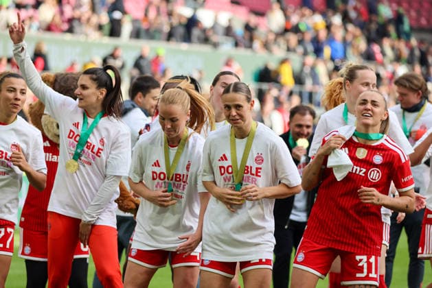 Cologne, Germany 14 May 2026 46 DFB Cup Womens Final 2026 VfL Wolfsburg Women vs FC Bayern Munich Women Pictured from left Arianna Caruso FCB , Jovana Damnjanovic FCB , Glodis Perla Viggosdottir FCB , Klara Bühl Buehl FCB and Georgia Stanway FCB Copyright: HMBxMedia MadeleinexFantini