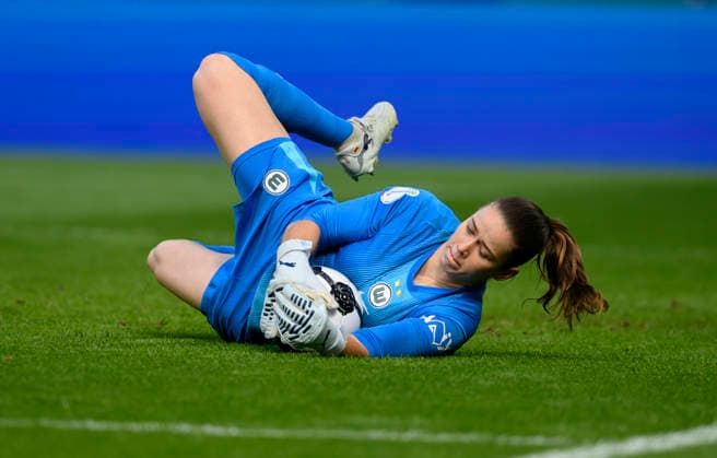 Goalkeeper Stina JOHANNES WOB Action DFB Pokal der Frauen Finale 2026, VfL Wolfsburg WOB FC Bayern Muenchen M 0 4, am 14 05 2026 in Koeln Germany DFB regulations prohibit any use of photographs as image sequences and or quasi video Â