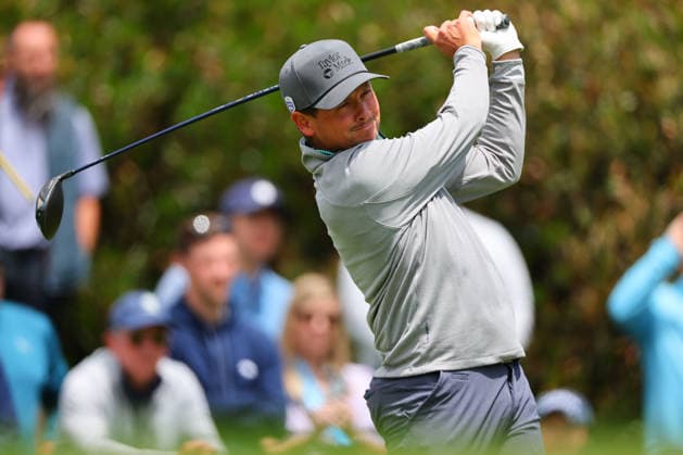 NEWTON SQUARE, PA - MAY 14: Ben Polland of the United States tees off at the first tee during round 1 of the 2026 PGA, Golf Herren Championship on May 14, 2026 at Aronimink Golf Club in Newtown Square, Pennsylvania. (Photo by Rich Graessle Icon Sportswire) GOLF: MAY 14 PGA PGA Championship EDITORIAL USE ONLY Icon260514254641