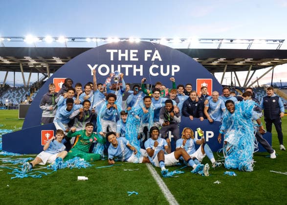 Manchester, England, 14th May 2026. Manchester City lift the FA Youth Cup following the Manchester City U18 vs Manchester United, ManU U18 FA Youth Cup Final match at the Academy Stadium, Manchester. Picture credit should read: Cody Froggatt Sportimage EDITORIAL USE ONLY. No use with unauthorised audio, video, data, fixture lists, club league logos or live services. Online in-match use limited to 120 images, no video emulation. No use in betting, games or single club league player publications. SPI_068_CF_MANCHESTER_CITY_U18_V_MANCHESTER_UNITED_U18 SPI-4801-0066