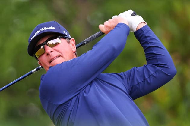 NEWTON SQUARE, PA - MAY 14: Michael Kartrude of the United States tees off at the tenth tee during round 1 of the 2026 PGA, Golf Herren Championship on May 14, 2026 at Aronimink Golf Club in Newtown Square, Pennsylvania. (Photo by Rich Graessle Icon Sportswire) GOLF: MAY 14 PGA PGA Championship EDITORIAL USE ONLY Icon260514254961