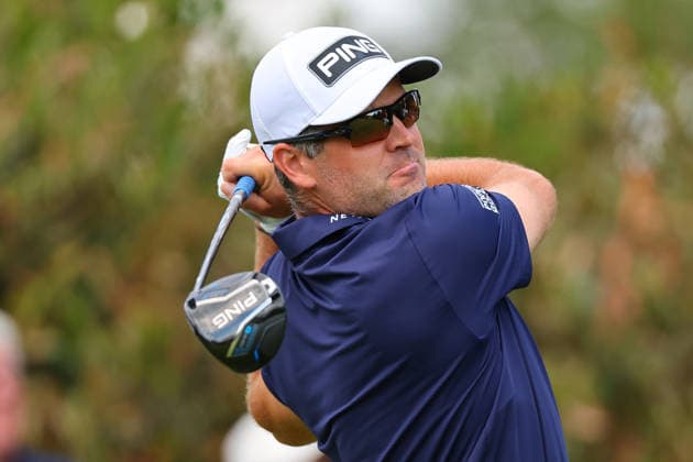 NEWTON SQUARE, PA - MAY 14: Corey Conners of the United States tees off at the first tee during round 1 of the 2026 PGA, Golf Herren Championship on May 14, 2026 at Aronimink Golf Club in Newtown Square, Pennsylvania. (Photo by Rich Graessle Icon Sportswire) GOLF: MAY 14 PGA PGA Championship EDITORIAL USE ONLY Icon260514255361