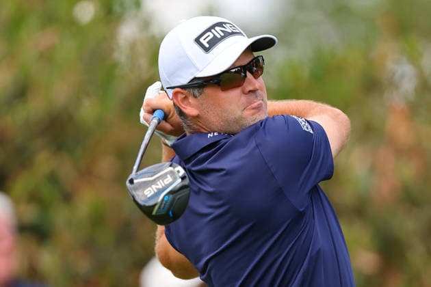 NEWTON SQUARE, PA - MAY 14: Corey Conners of the United States tees off at the first tee during round 1 of the 2026 PGA, Golf Herren Championship on May 14, 2026 at Aronimink Golf Club in Newtown Square, Pennsylvania. (Photo by Rich Graessle Icon Sportswire) GOLF: MAY 14 PGA PGA Championship EDITORIAL USE ONLY Icon260514255371