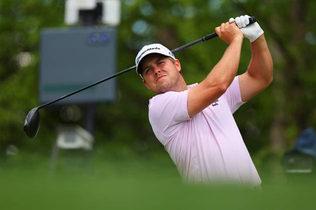 NEWTON SQUARE, PA - MAY 14: Pierceson Coody of the United States tees off at the tenth tee during round 1 of the 2026 PGA, Golf Herren Championship on May 14, 2026 at Aronimink Golf Club in Newtown Square, Pennsylvania. (Photo by Rich Graessle Icon Sportswire) GOLF: MAY 14 PGA PGA Championship EDITORIAL USE ONLY Icon260514255811